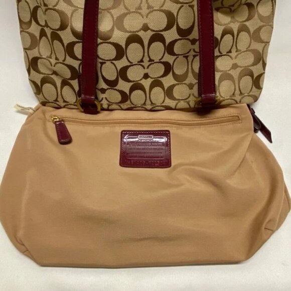 Coach Signature Stripe Shoulder Bag F28504 Patent Leather Trim Tan Raspberry GUC - Picture 14 of 16